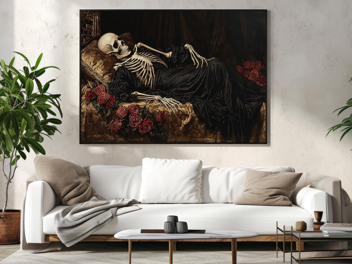 Victorian Skeleton Reclining On Sofa Red Roses Dark Gothic Oil Painting Poster - Image 3