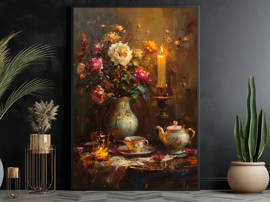 Vintage Flowers Vase And Teapot Oil Painting Flowers Vase Print Cottage Flowers Flowers Poster Flowers Wall Art - Image 3