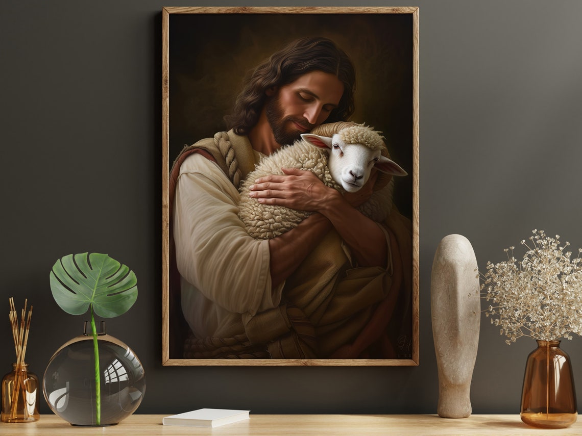 Jesus As Good Shepherd Embracing Lamb Devotional Faith Art Poster - Image 5