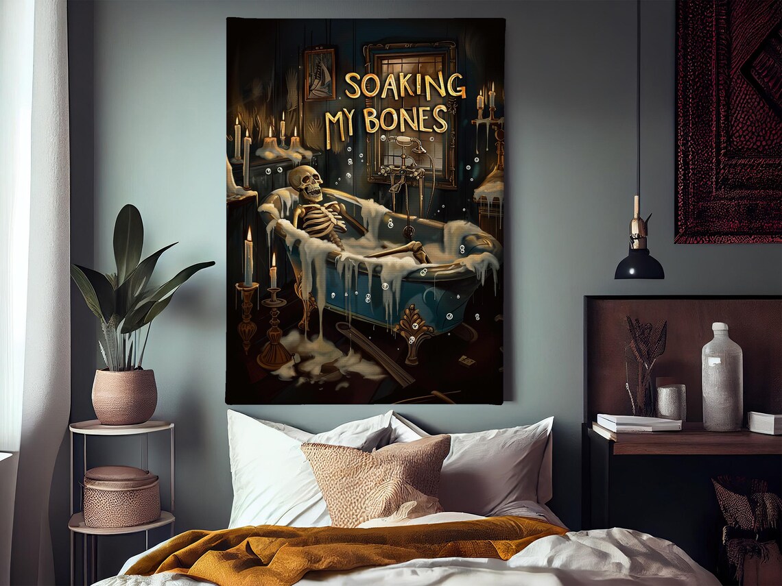 Soaking My Bones Funny Skeleton in Bubble Bath Halloween Bathroom Poster - Image 3
