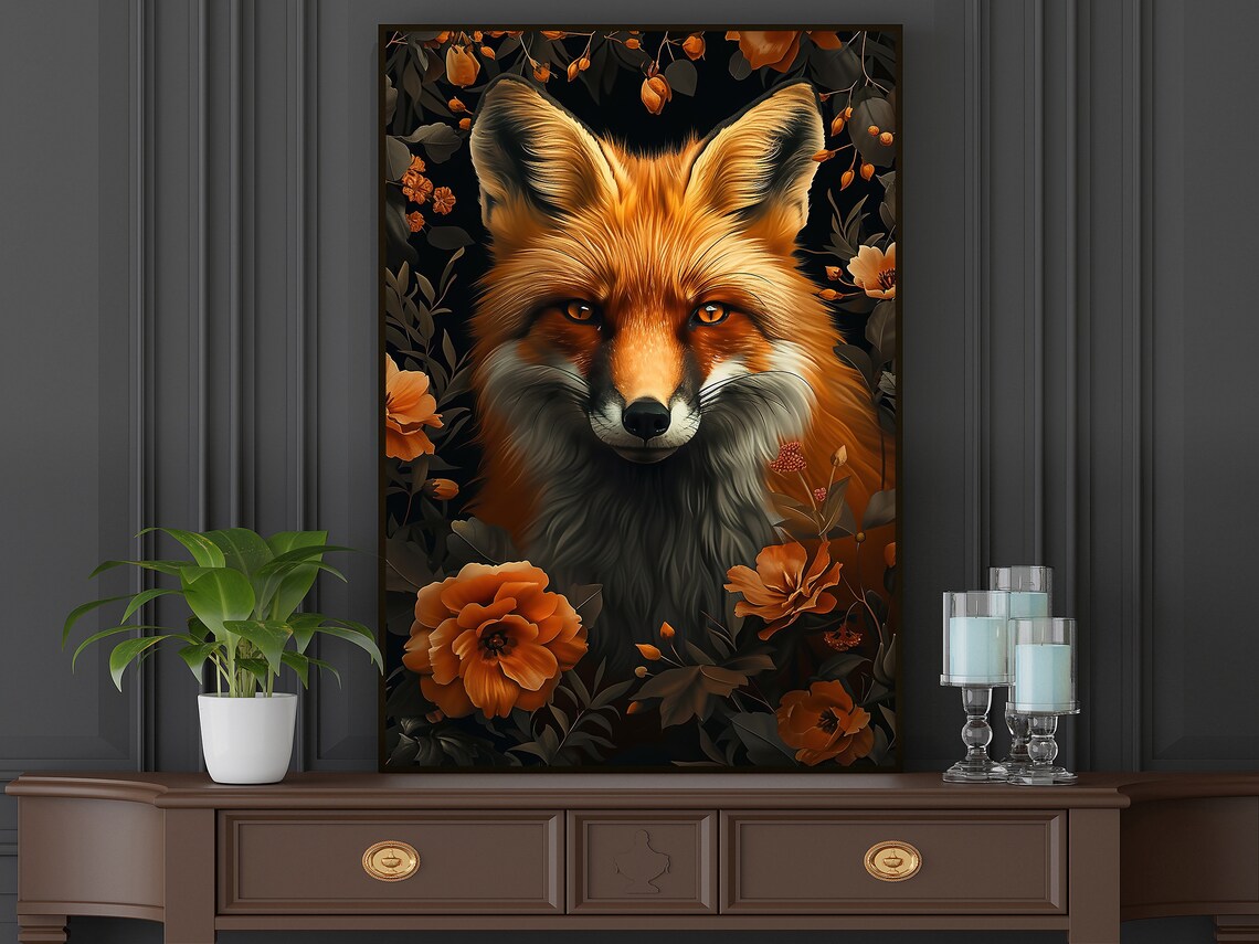 Red Fox Among Orange Flowers On Black Floral Wildlife Portrait Wall Poster - Image 3