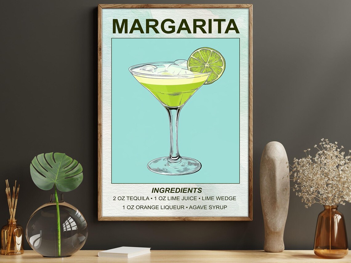 Retro Margarita Cocktail Recipe Wall Art With Ingredients Tequila Lime Poster