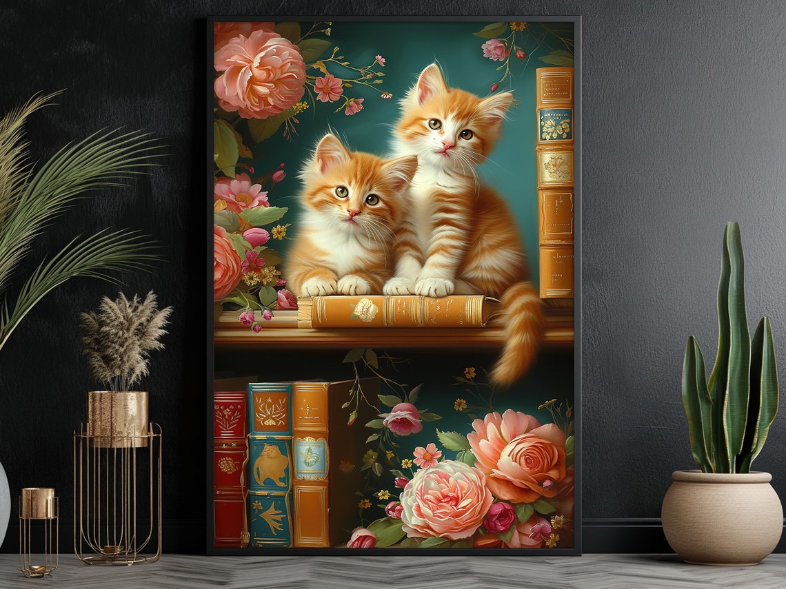 Two Orange Kittens On Bookshelf With Books And Roses Cat Wall Poster - Image 2