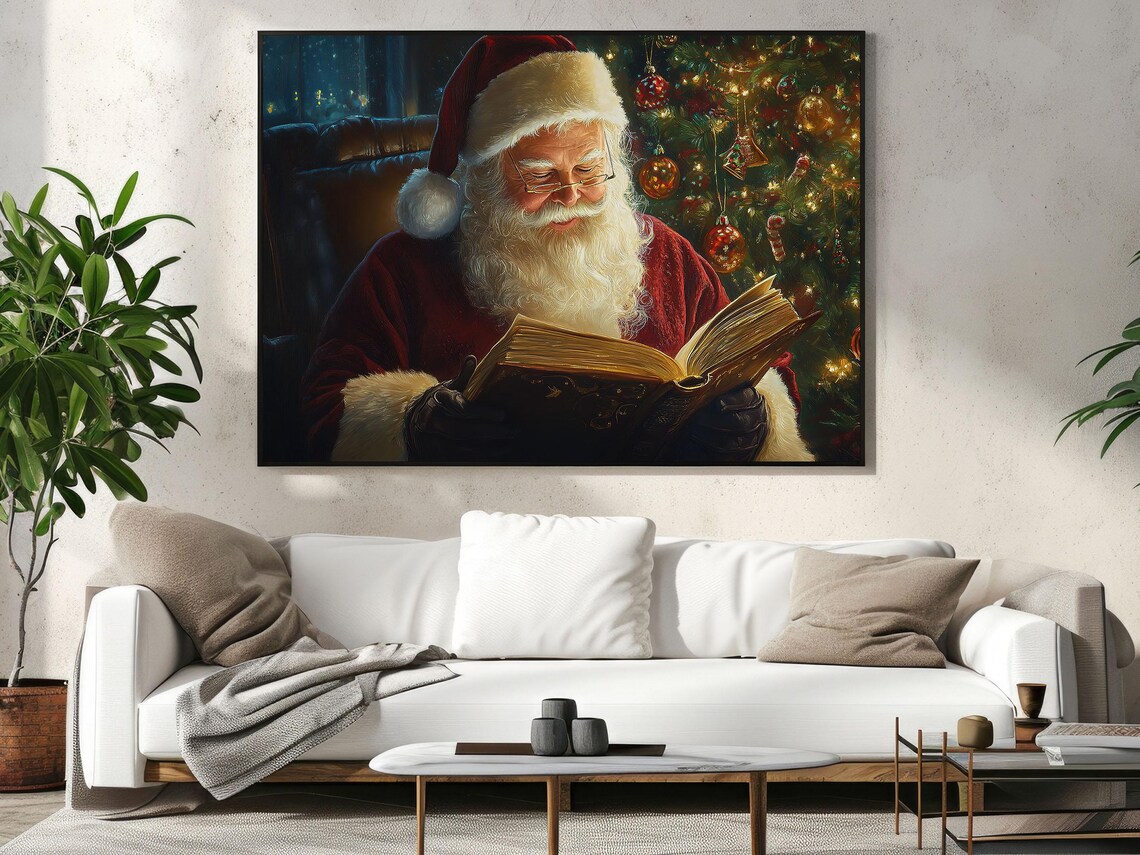 Santa Claus Reading Book Night Window Christmas Tree Lights Quiet Holiday Art Poster - Image 4
