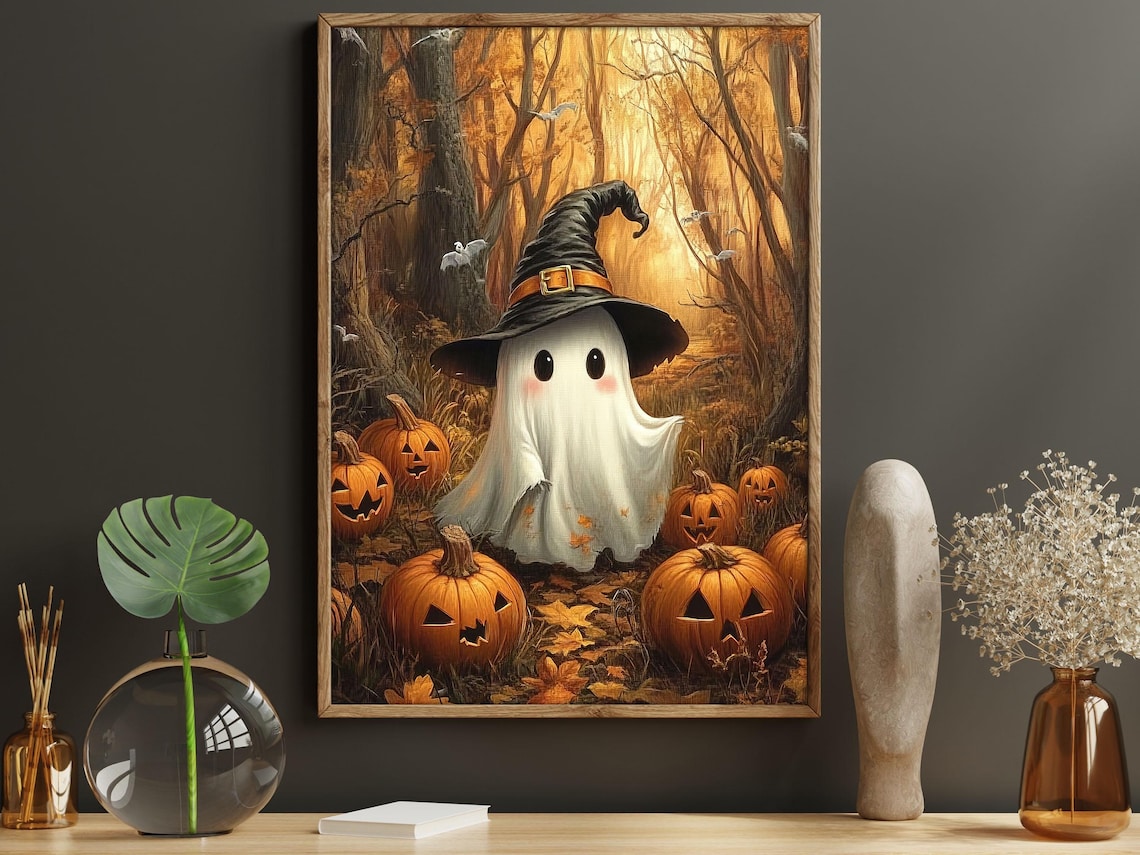 Vintage Cute Witchy Ghost Halloween Art Print