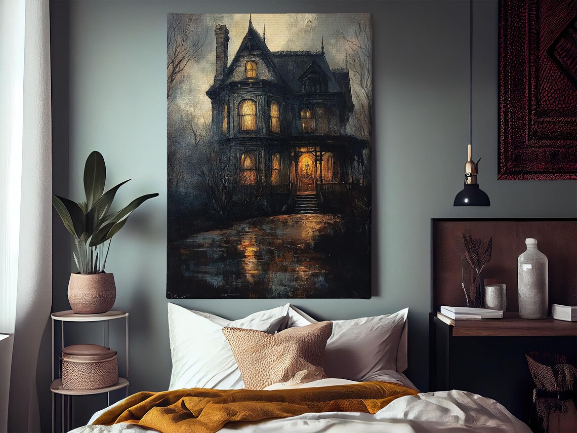 Victorian Haunted Mansion Night Glowing Amber Windows Misty Water Reflection Poster - Image 3