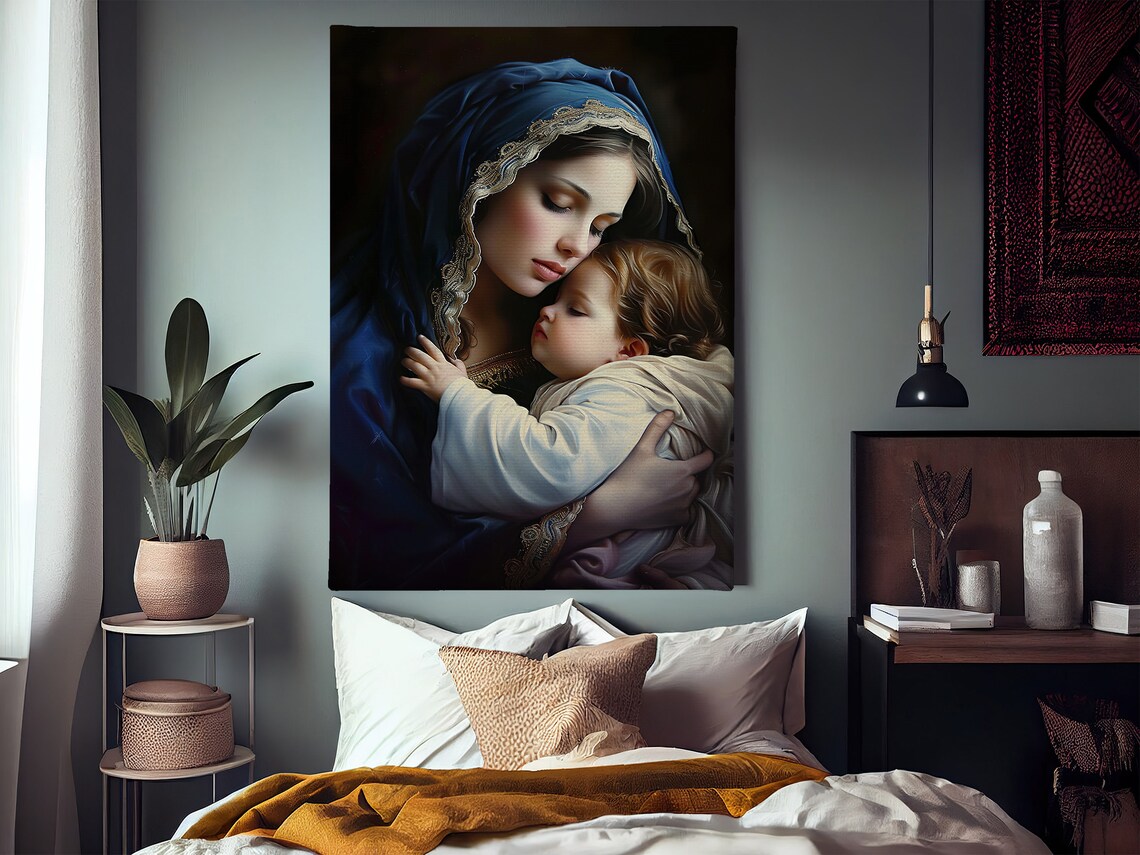 Virgin Mary Embracing Baby Jesus Blue Veil Devotional Art Poster - Image 3