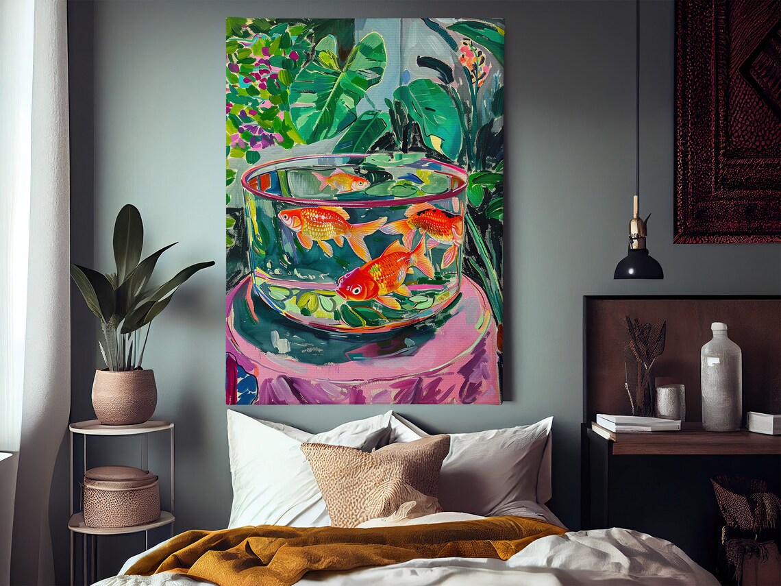 Goldfish In Glass Tank Colorful Tropical Leaves Still Life Art Poster - Image 2
