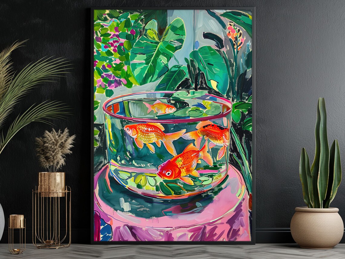 Goldfish In Glass Tank Colorful Tropical Leaves Still Life Art Poster - Image 3