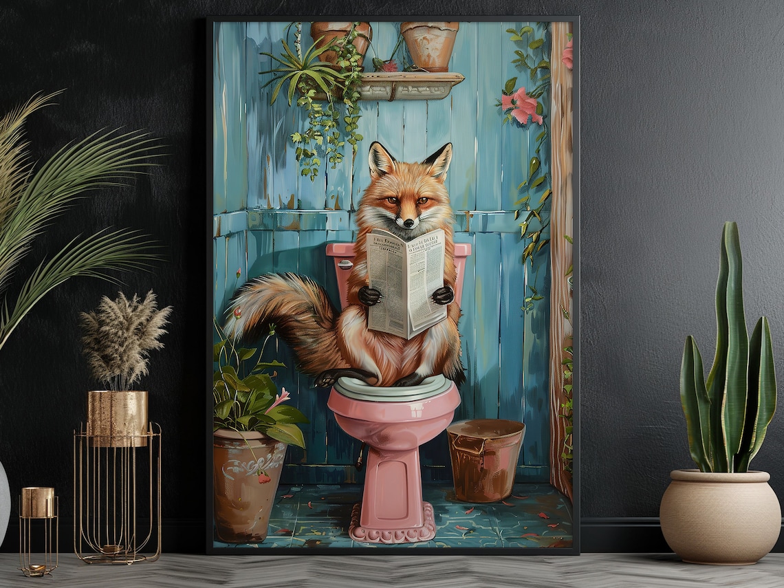 Matisse Fox on Toilet, Bathroom Wall Art Print