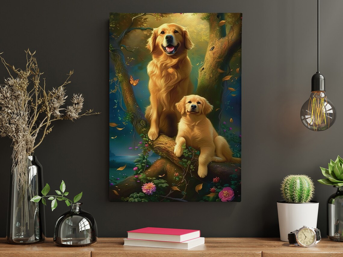 Golden Retriever Mother And Puppy In Magical Forest Dog Art Poster - Image 4
