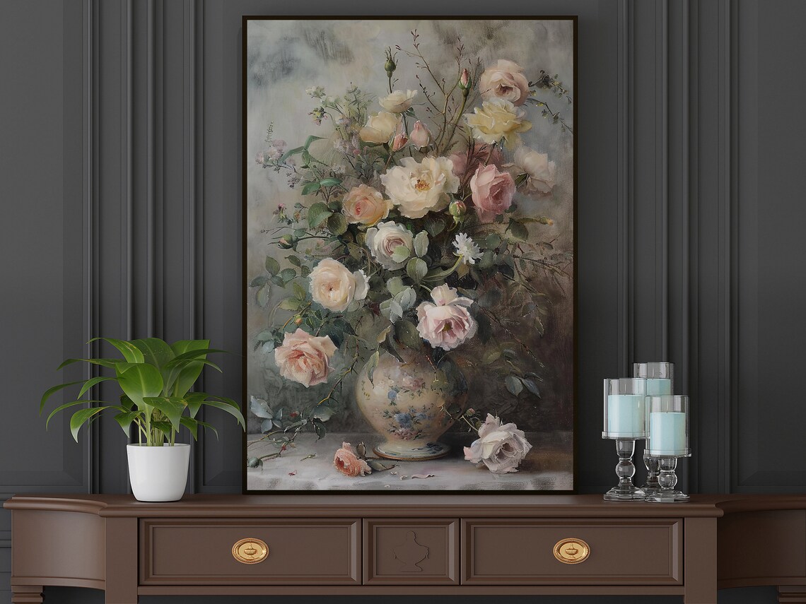 Pale Pink Roses Bouquet Vintage Porcelain Vase Soft Floral Art Poster - Image 5