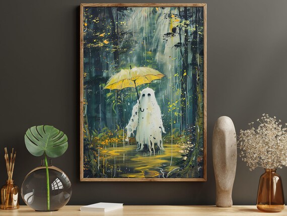 Whimsical Ghost Holding Yellow Umbrella in Rainy Forest Painting Poster