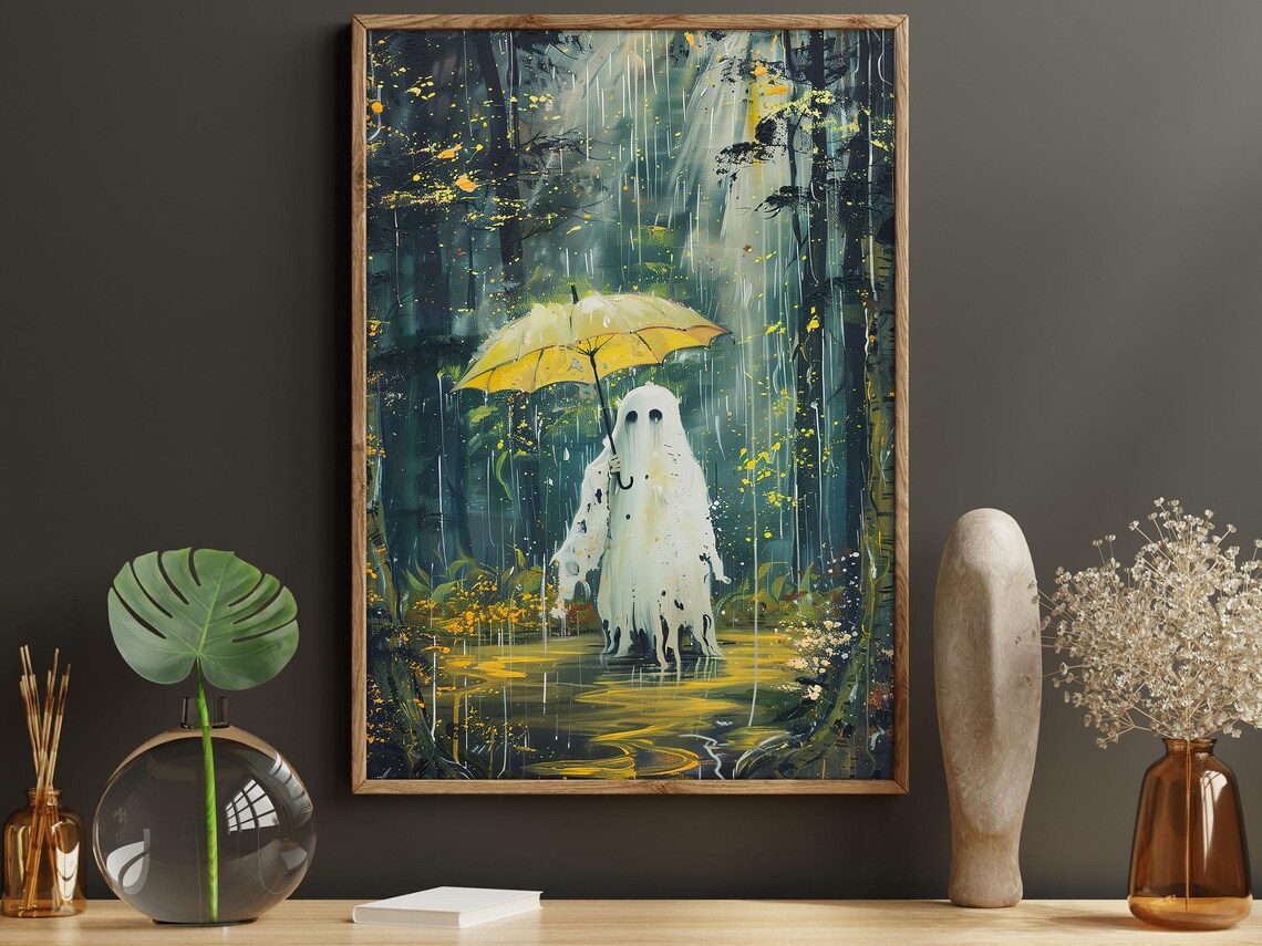Whimsical Ghost Holding Yellow Umbrella in Rainy Forest Painting Poster