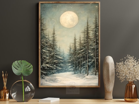 Vintage Snowy Winter Forest Poster, Cozy Decor