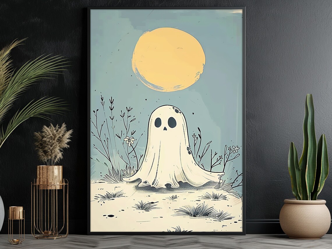 Cute Ghost Under Big Moon Minimalist Pastel Halloween Nursery Art Poster - Image 3