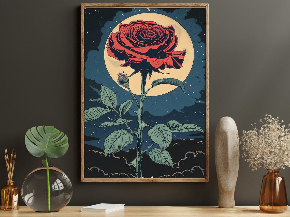 Red Rose Against Full Moon Starry Night Vintage Botanical Art Poster