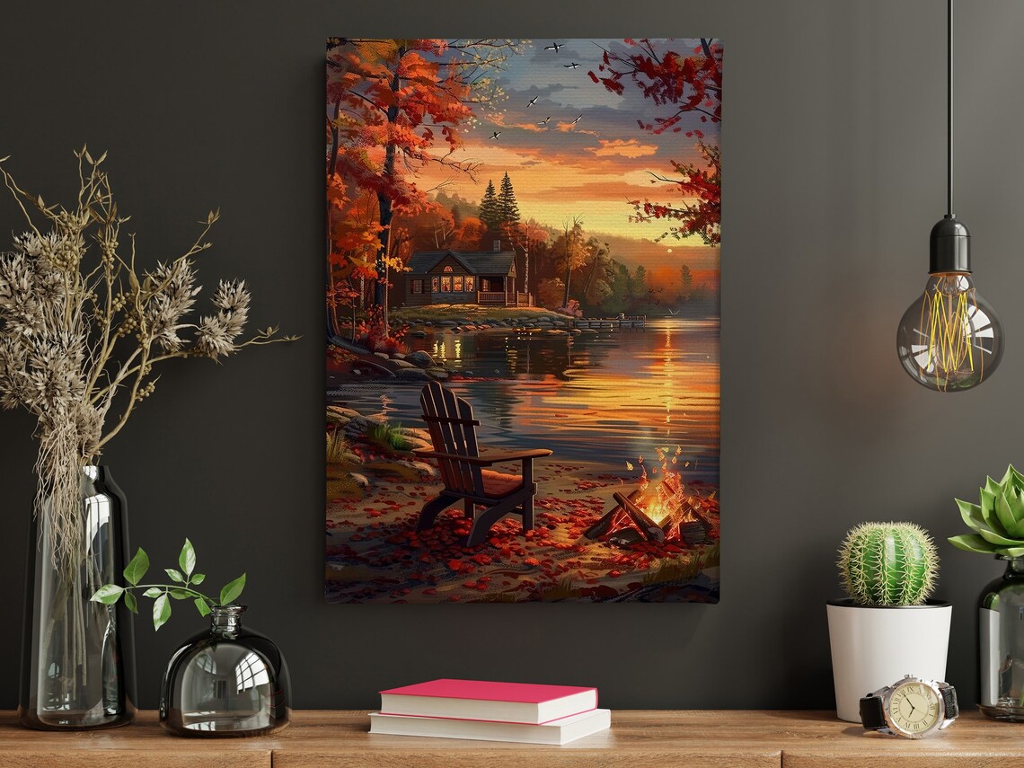 Vintage Sunset Lake Oil Painting Landscape Art Print - Image 4