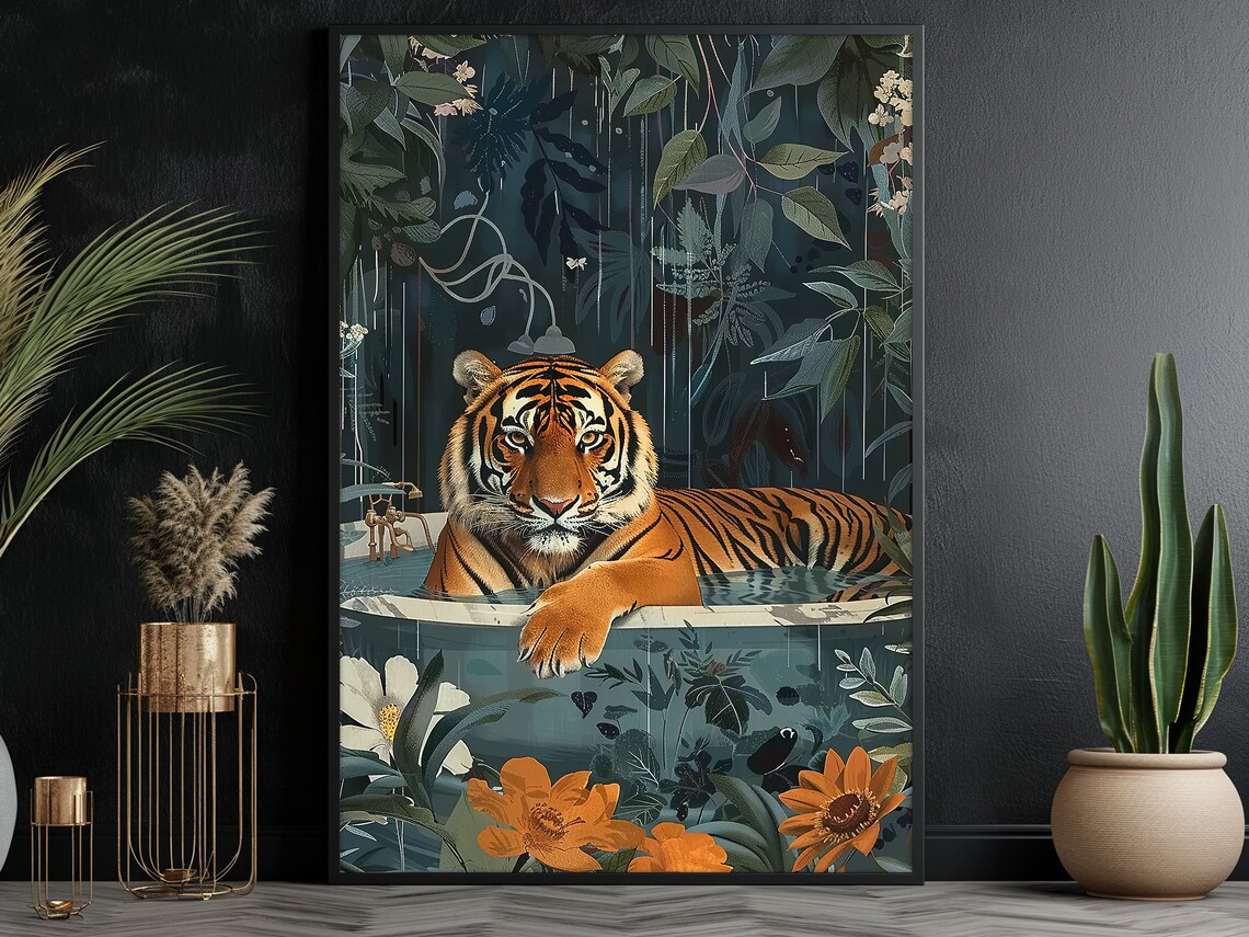 Tiger In Bathtub Tropical Jungle Floral Fun Animal Art Poster - Image 5