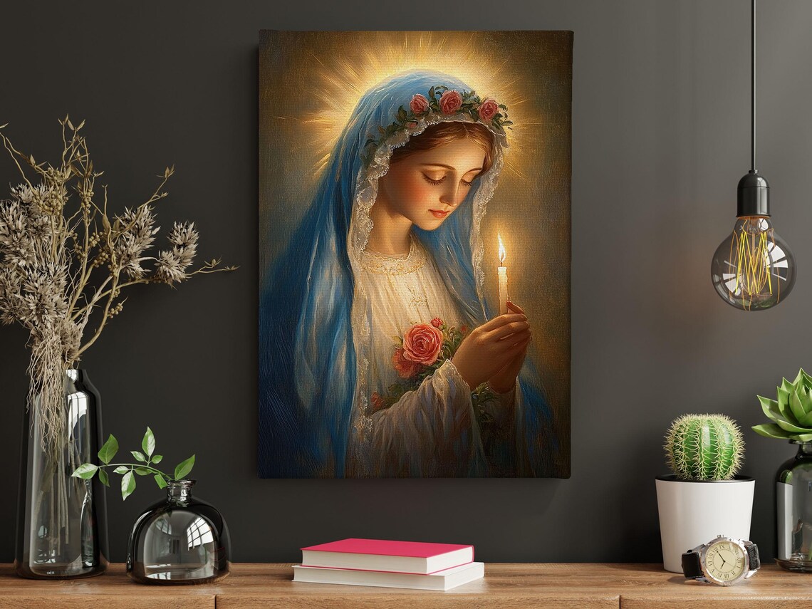 Virgin Mary Holding Candle Blue Veil Rose Crown Radiant Halo Religious Art Poster - Image 4