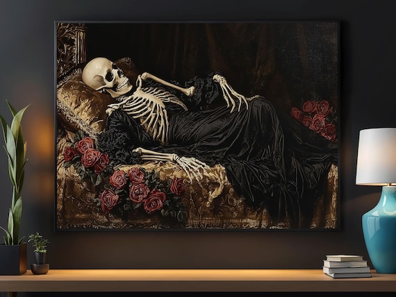 Victorian Skeleton Reclining On Sofa Red Roses Dark Gothic Oil Painting Poster