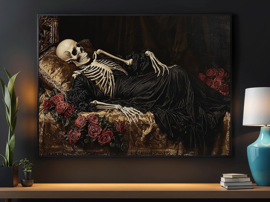 Victorian Skeleton Reclining On Sofa Red Roses Dark Gothic Oil Painting Poster
