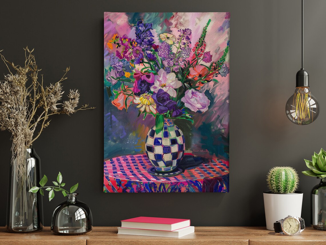 Vibrant Floral Bouquet In Checkered Vase Fauvist Still Life Art Poster - Image 4