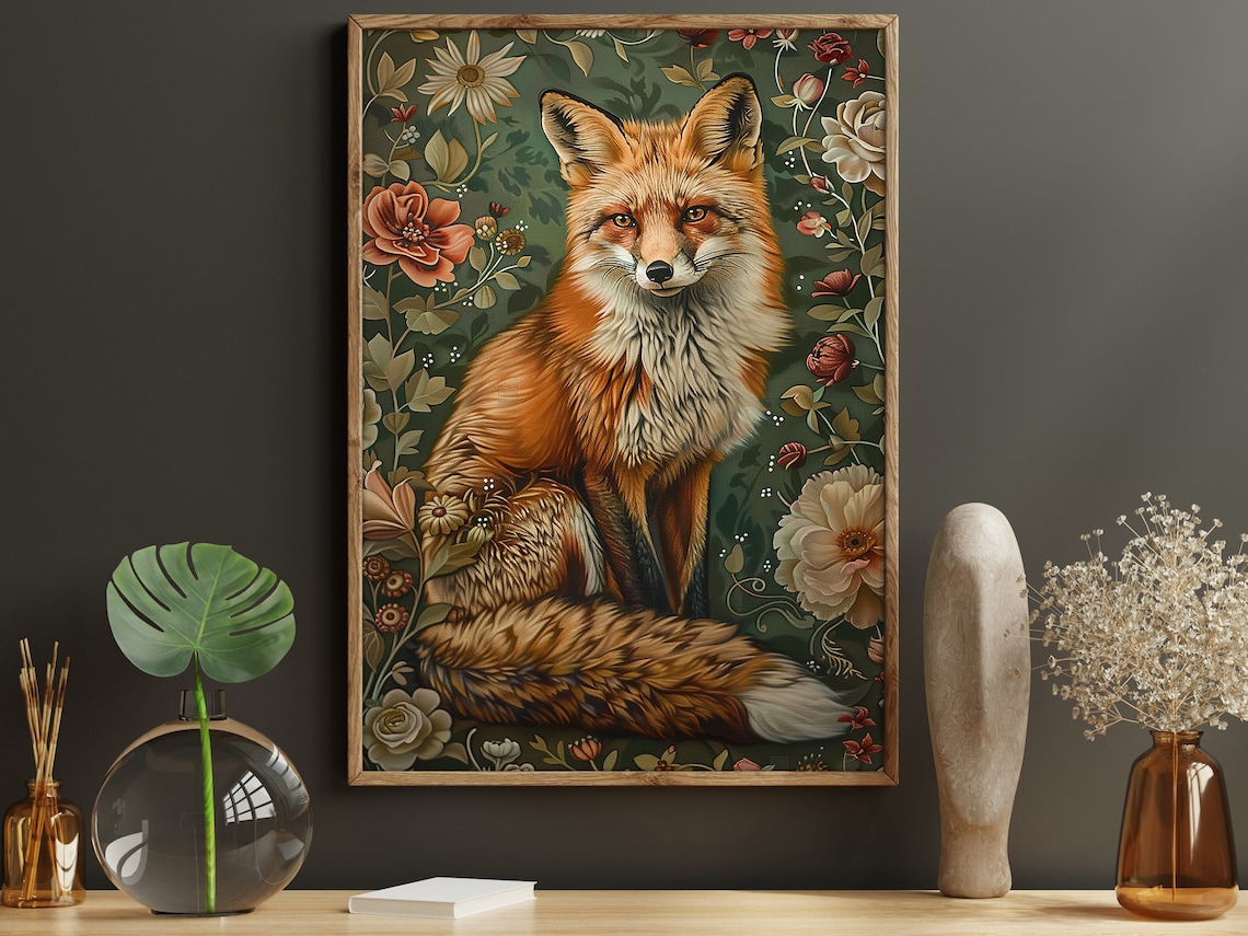 Cottage Fox and Flowers Retro Wild Animal Poster Print