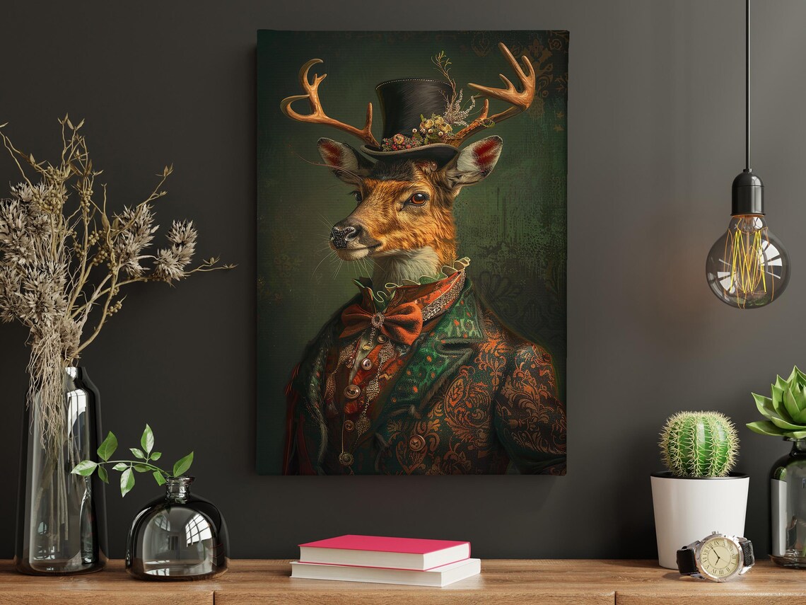 Gothic Gentleman Stag Portrait With Antlers Top Hat Vintage Art Print - Image 5