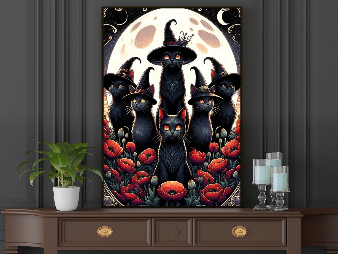 Seven Black Cats In Witch Hats Full Moon Poppies Halloween Wall Poster - Image 3