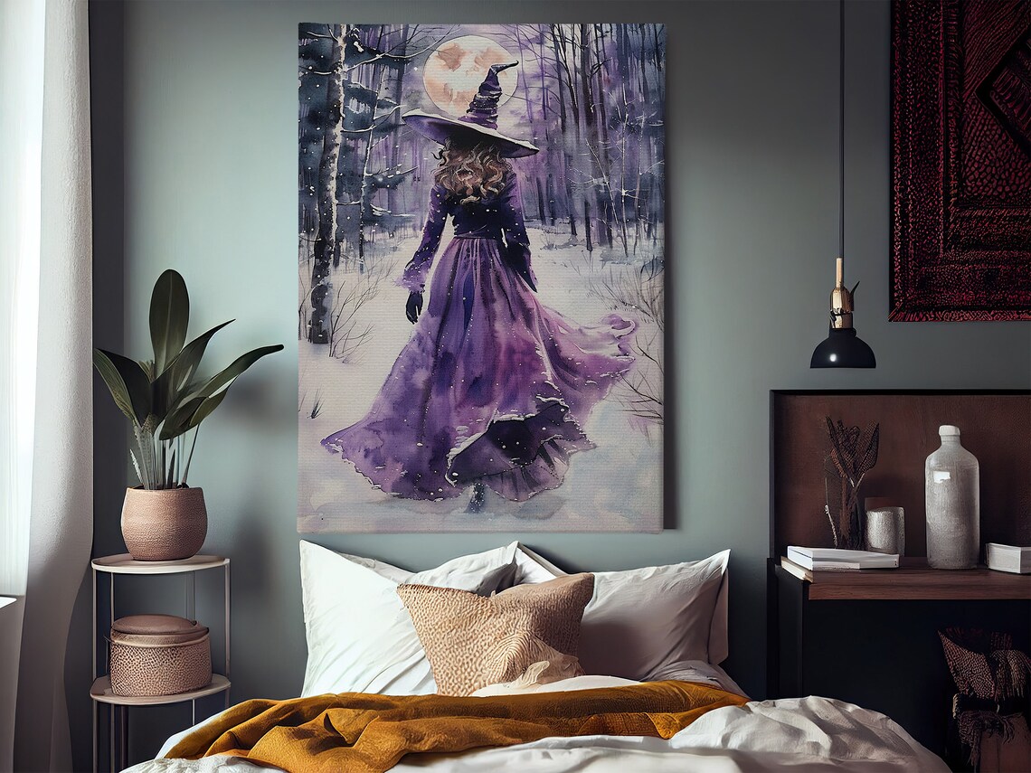 Young Witch in Winter Forest Oil Painting Print - Image 2