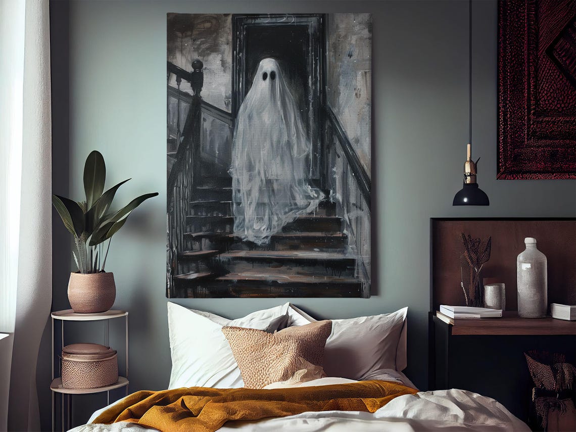 Spooky White Ghost On Dark Stairs Haunted House Halloween Poster - Image 4