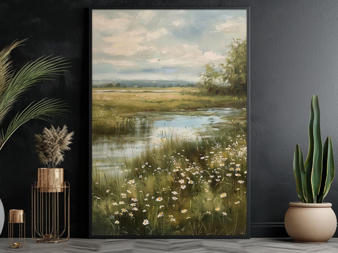Tranquil River Meadow With Daisies Calm Waters Landscape Art Poster - Image 3