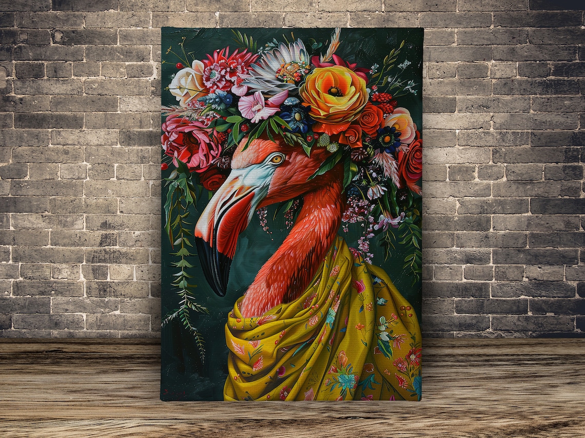 Pink Flamingo Flower Crown Floral Shawl Tropical Bird Art Poster - Image 2