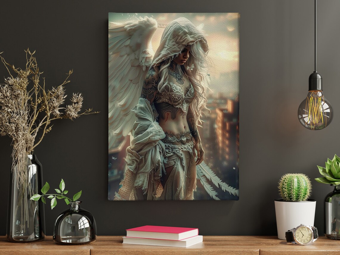 Dark Fallen Angel Tattooed Wings Gothic Fantasy City Sunset Art Poster - Image 4