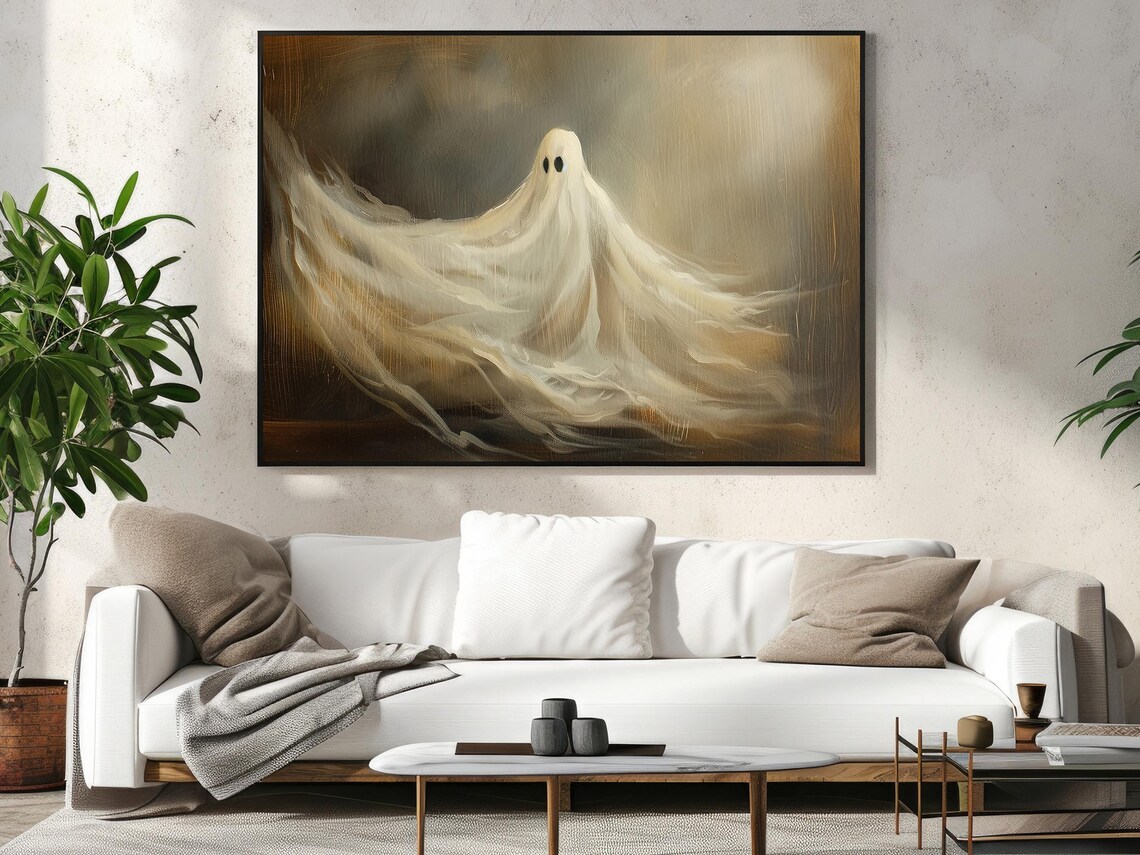 Elegant Flowing Sheet Ghost Painting in Dark Golden Light Art Poster - Image 5