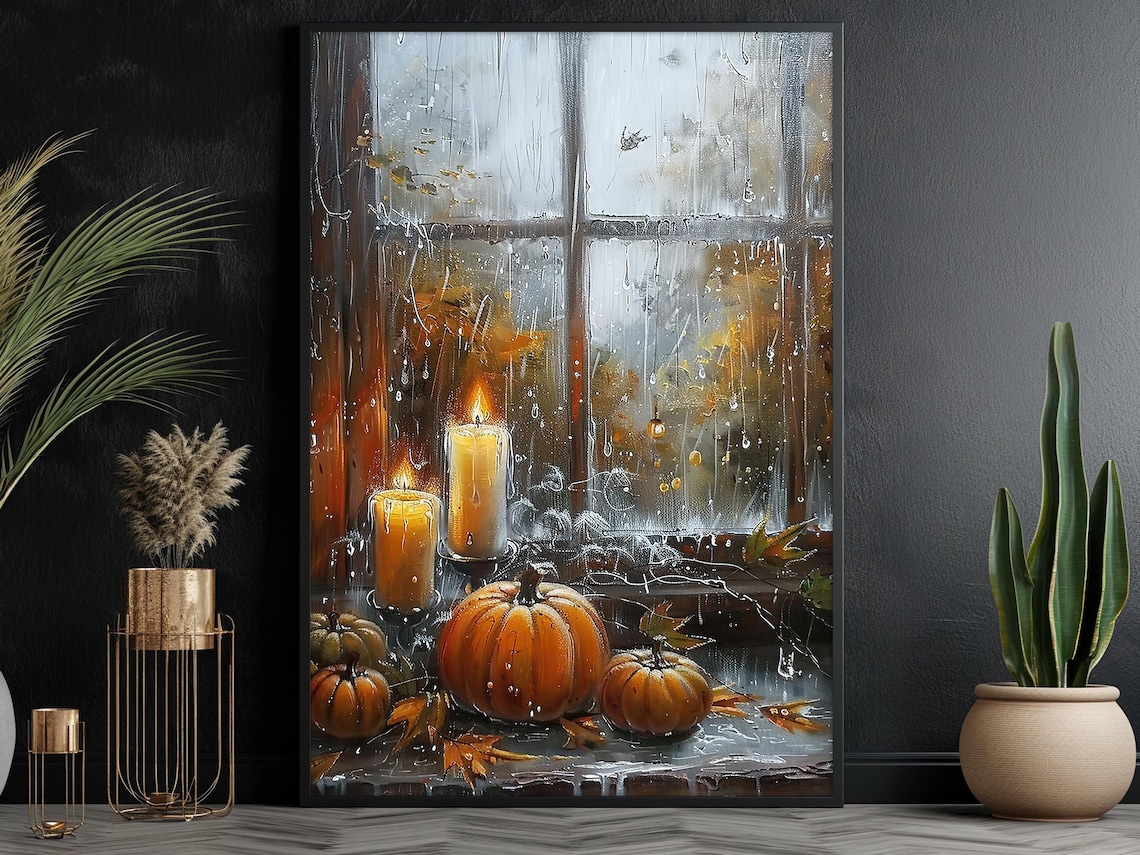 Cozy Pumpkins and Lit Candles on Rainy Autumn Window Sill Art Poster