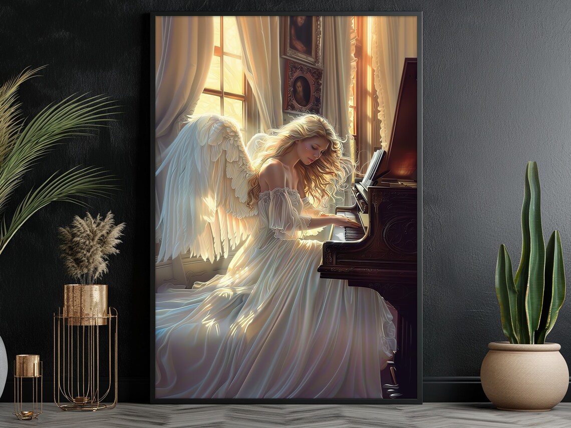 Angel Playing Grand Piano Sunlit Window Heavenly Music Fantasy Poster - Image 3