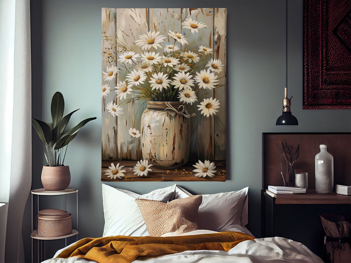 White Daisies In Rustic Vase Farmhouse Floral Still Life Wall Poster - Image 2