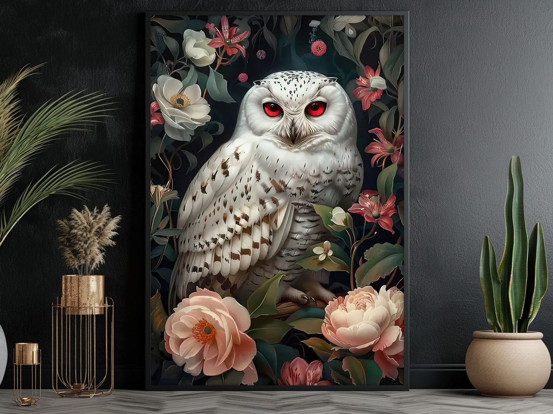 White Owl Red Eyes Gothic Floral Moody Dark Botanical Art Poster