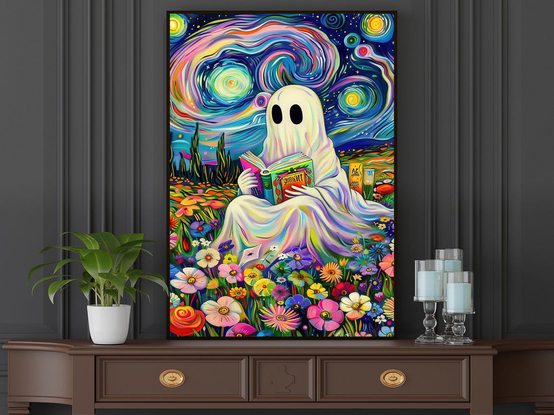 Starry Night Style Ghost Reading Book Among Flowers Colorful Poster - Image 5