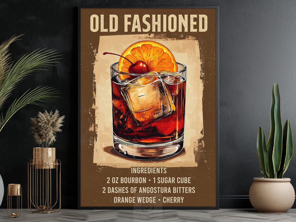 Old Fashioned Cocktail Recipe Bourbon Glass Orange Cherry Bar Poster - Image 6
