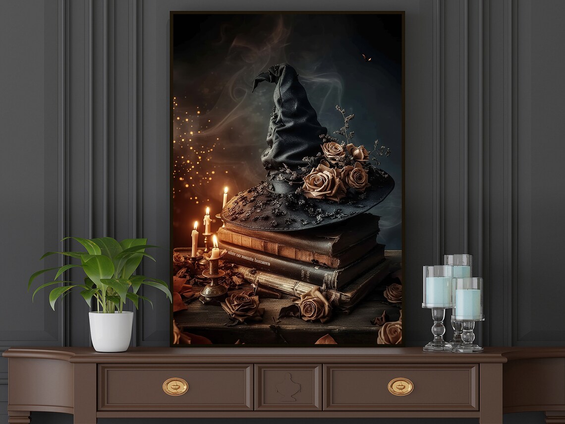 Surreal Witch Hat and Magical Books Art Print, Halloween - Image 5