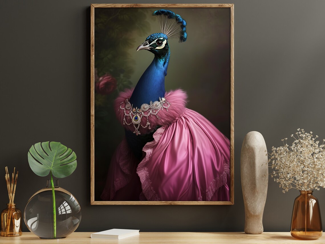 Peacock Lady In Pink Satin Gown With Jewelry Elegant Bird Art Poster