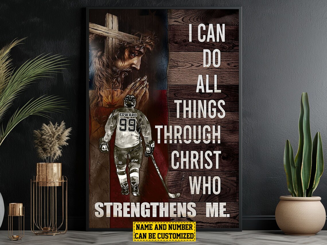 Hockey Faith Poster I Can Do All Things Through Christ Custom Name Print - Image 4