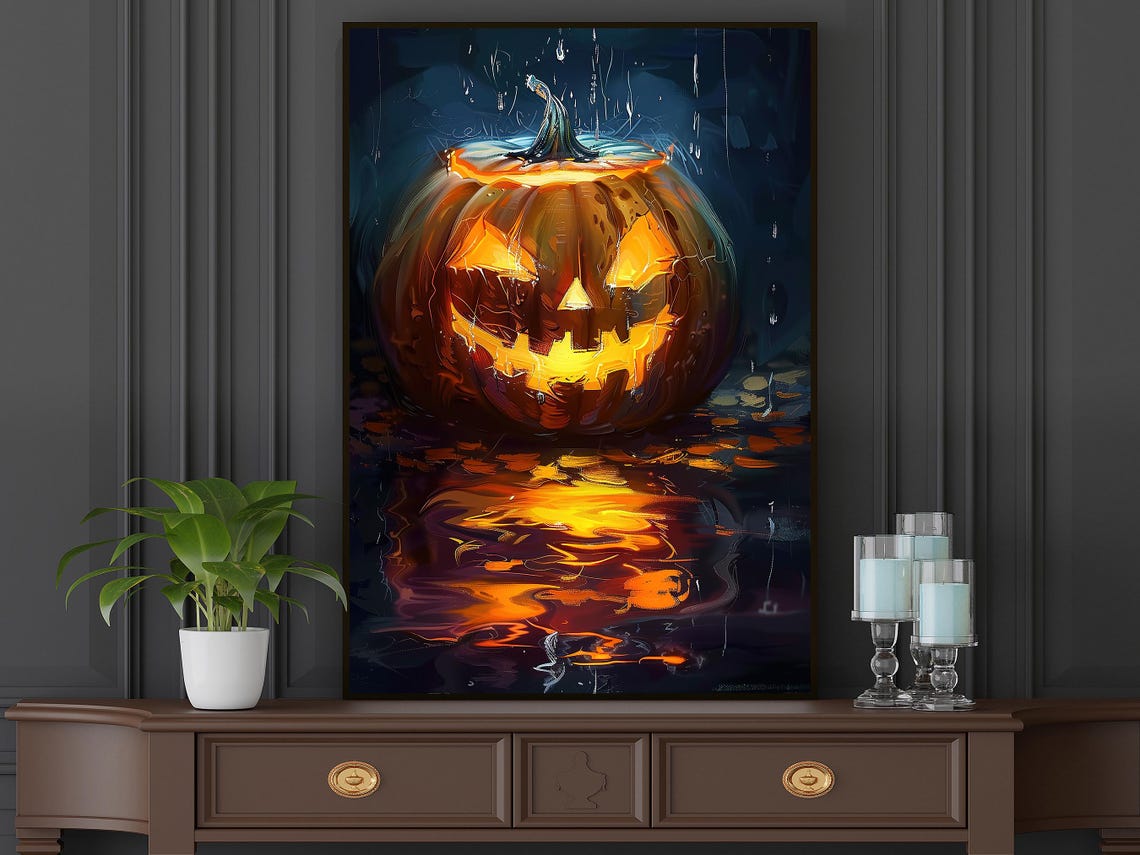 Glowing Jack O Lantern In Rain Spooky Halloween Pumpkin Art Poster - Image 6