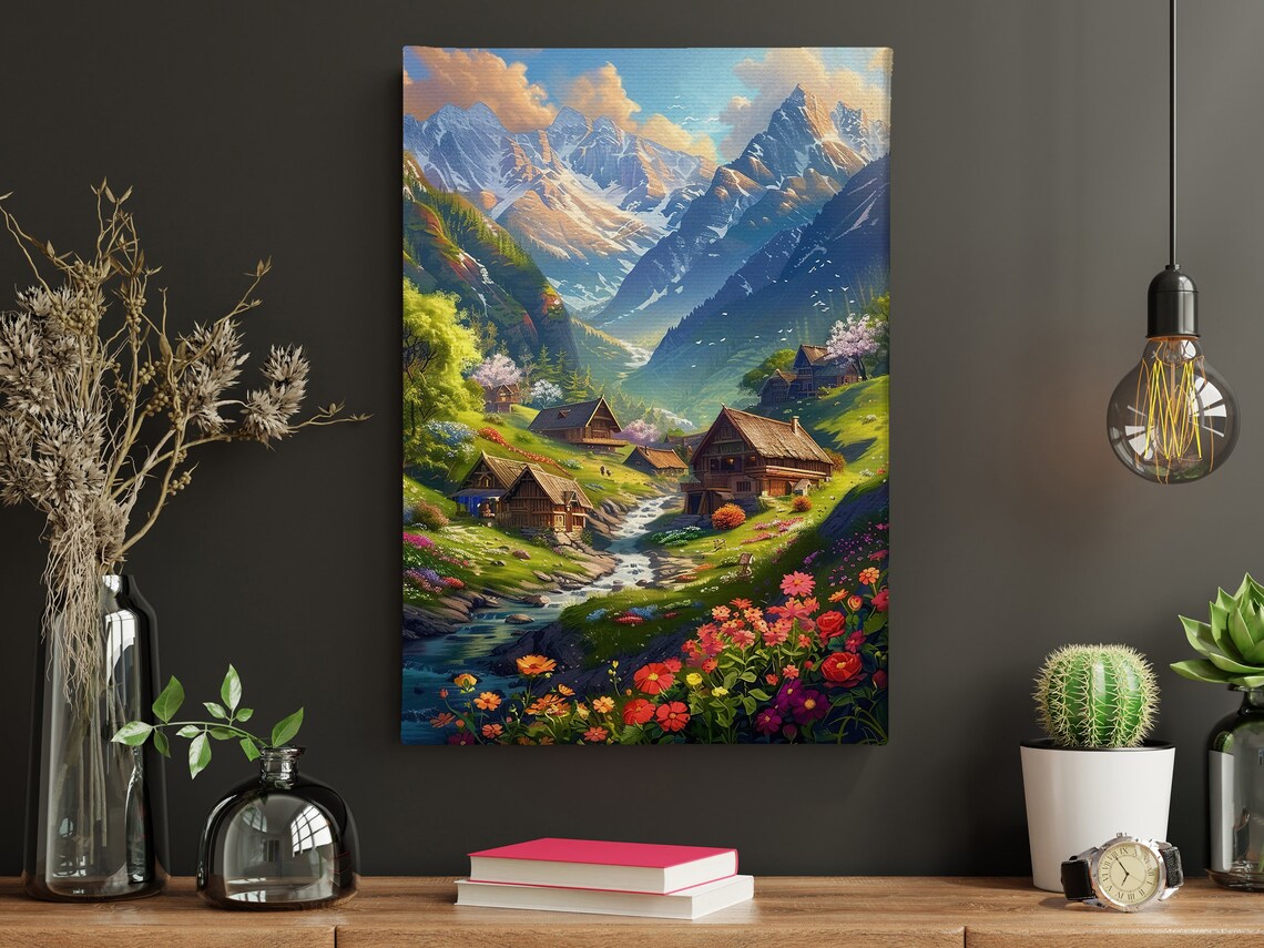 Vintage Peaceful Village Oil Painting Dreamy Land Art Print Landscape Print Flowers Wall Art Landscape Print - Image 3