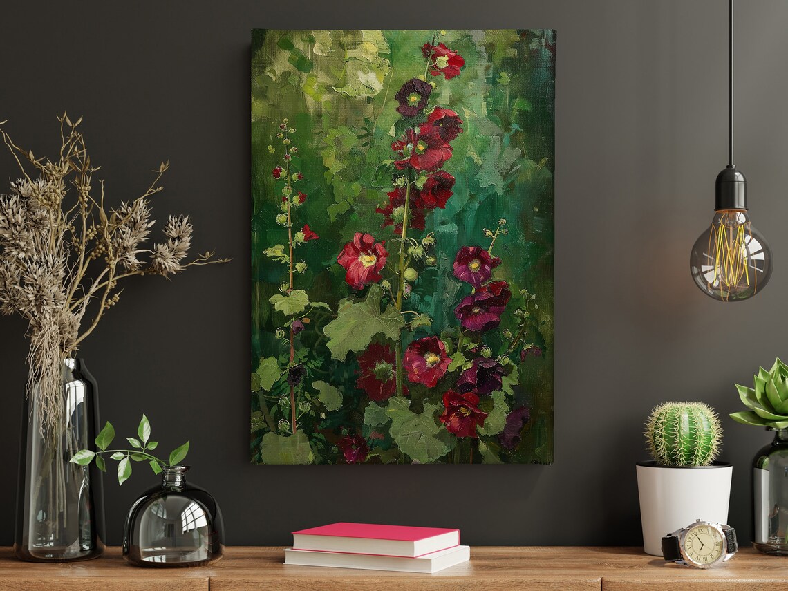 Red Hollyhocks Oil Painting Vintage Cottage Garden Floral Wall Poster - Image 4