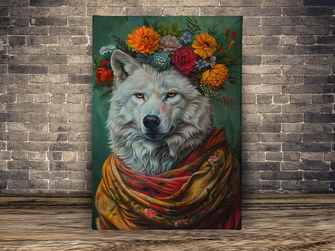White Wolf Portrait With Floral Crown Maximalist Vintage Art Print - Image 2