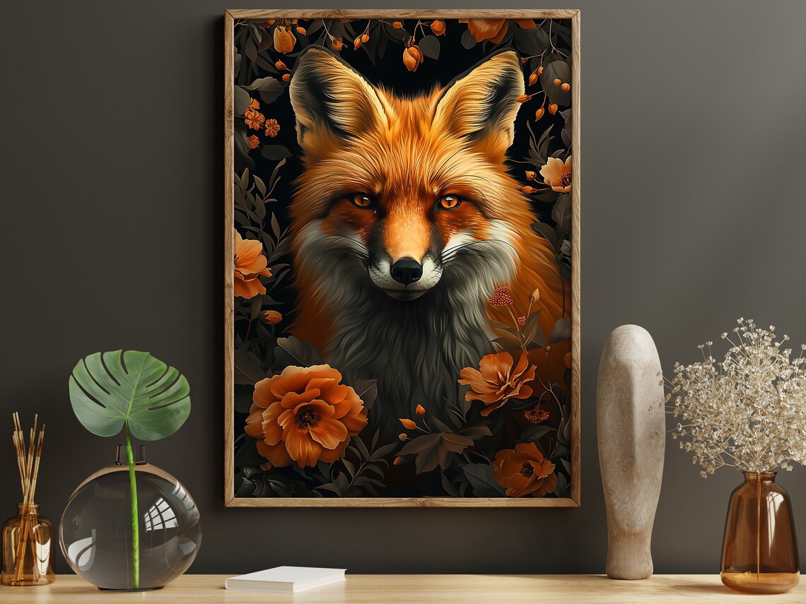 Red Fox Among Orange Flowers On Black Floral Wildlife Portrait Wall Poster - Image 4